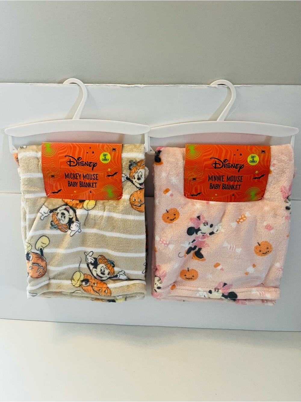 Disney Mickey & Minnie Mouse Halloween Baby Blankets Lot of 2 Pink Tan Pumpkin